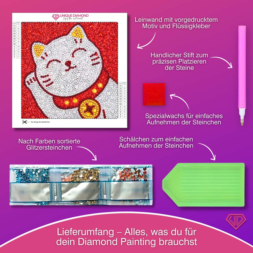 5D Diamond Painting Maneki Miau – Glückskatze mit Strasssteinchen, Unique-Diamond