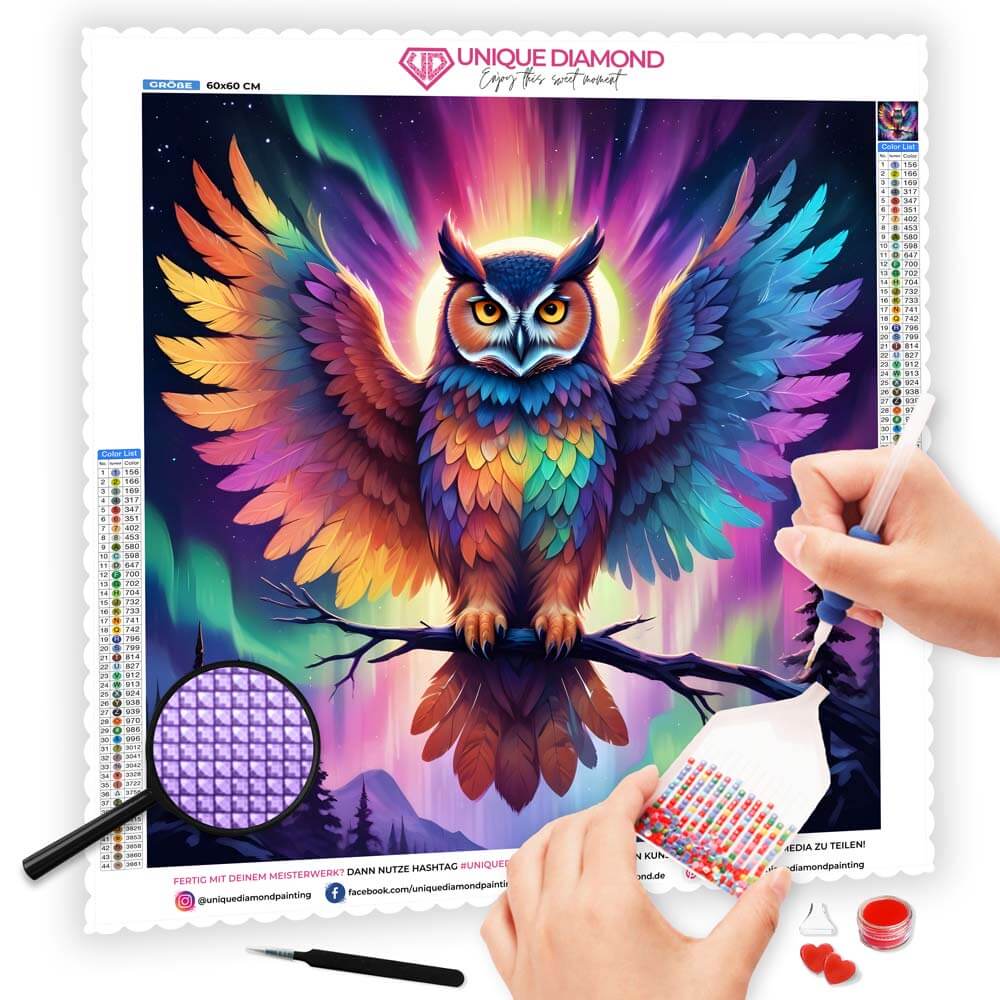 5D Diamond Painting AB Steine Aurora Owl mit 100 Farben, Unique-Diamond