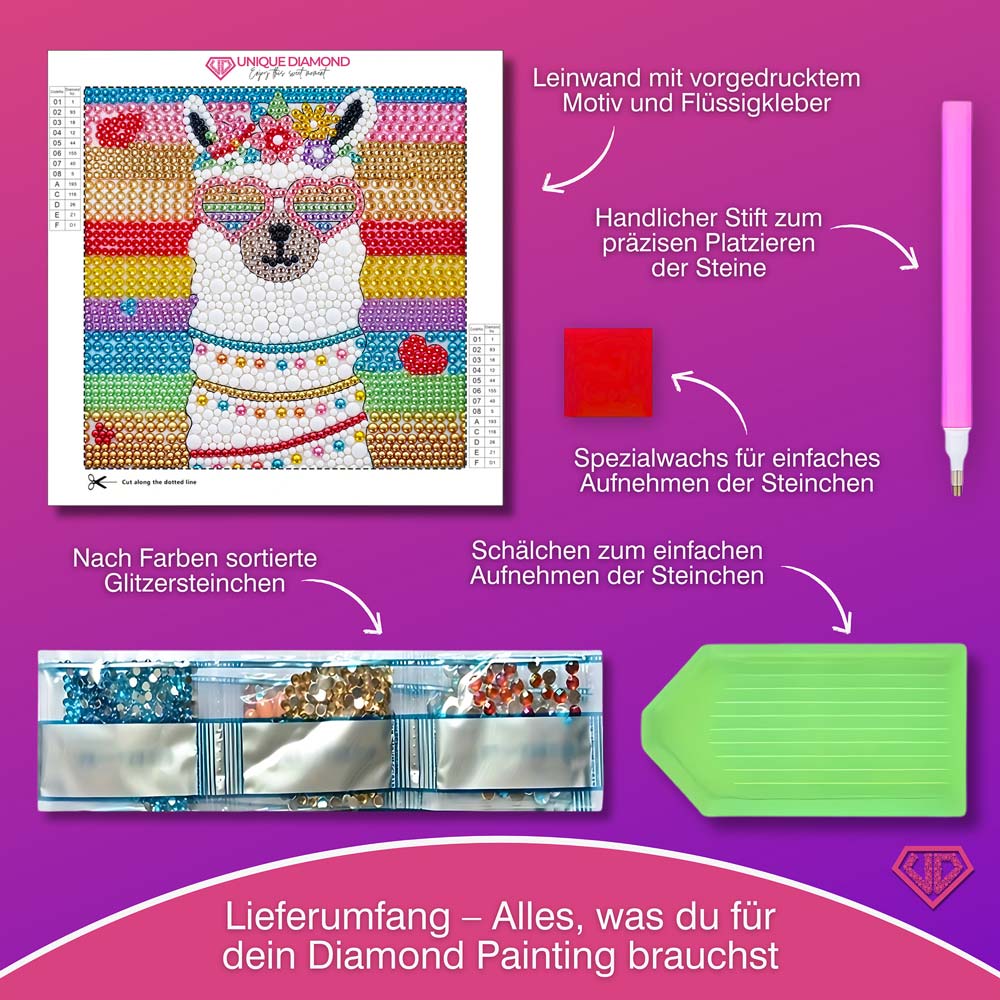 5D Diamond Painting Party-Alpaka Coco mit Strasssteinchen, Unique-Diamond
