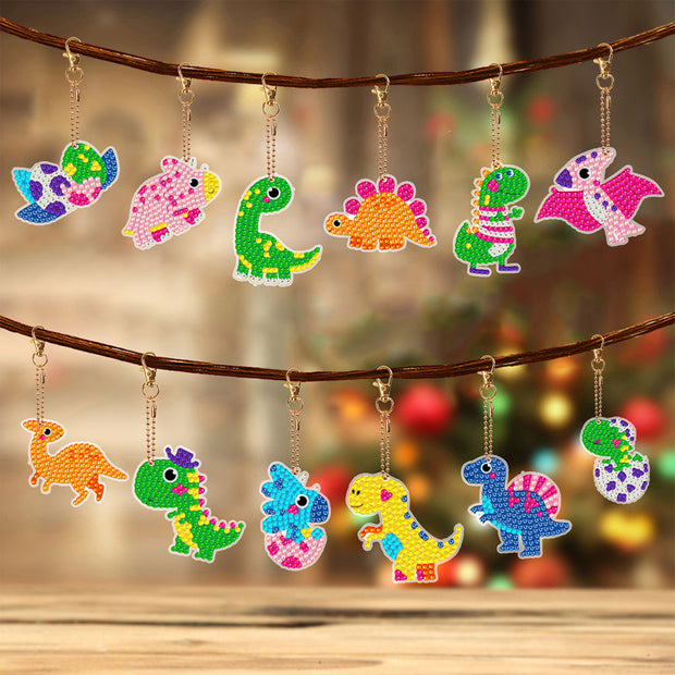 5D Diamond Painting Schlüsselanhänger Dinosaurier 12 Stück, Unique-Diamond