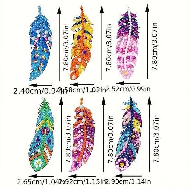 5D Diamond Painting Anhänger – Federzauber in Farbenpracht 6 Stück, Unique-Diamond