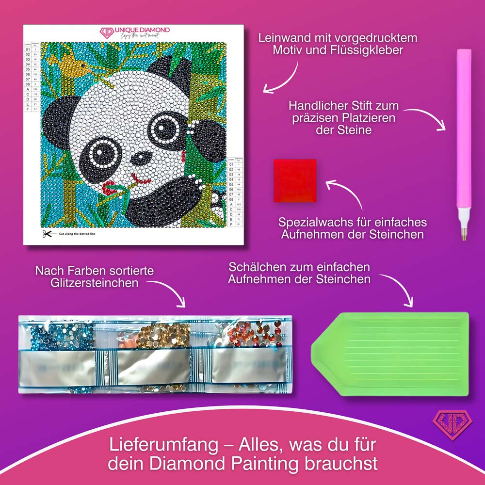 5D Diamond Painting Bambini der Bambus-Panda mit Strasssteinchen, Unique-Diamond