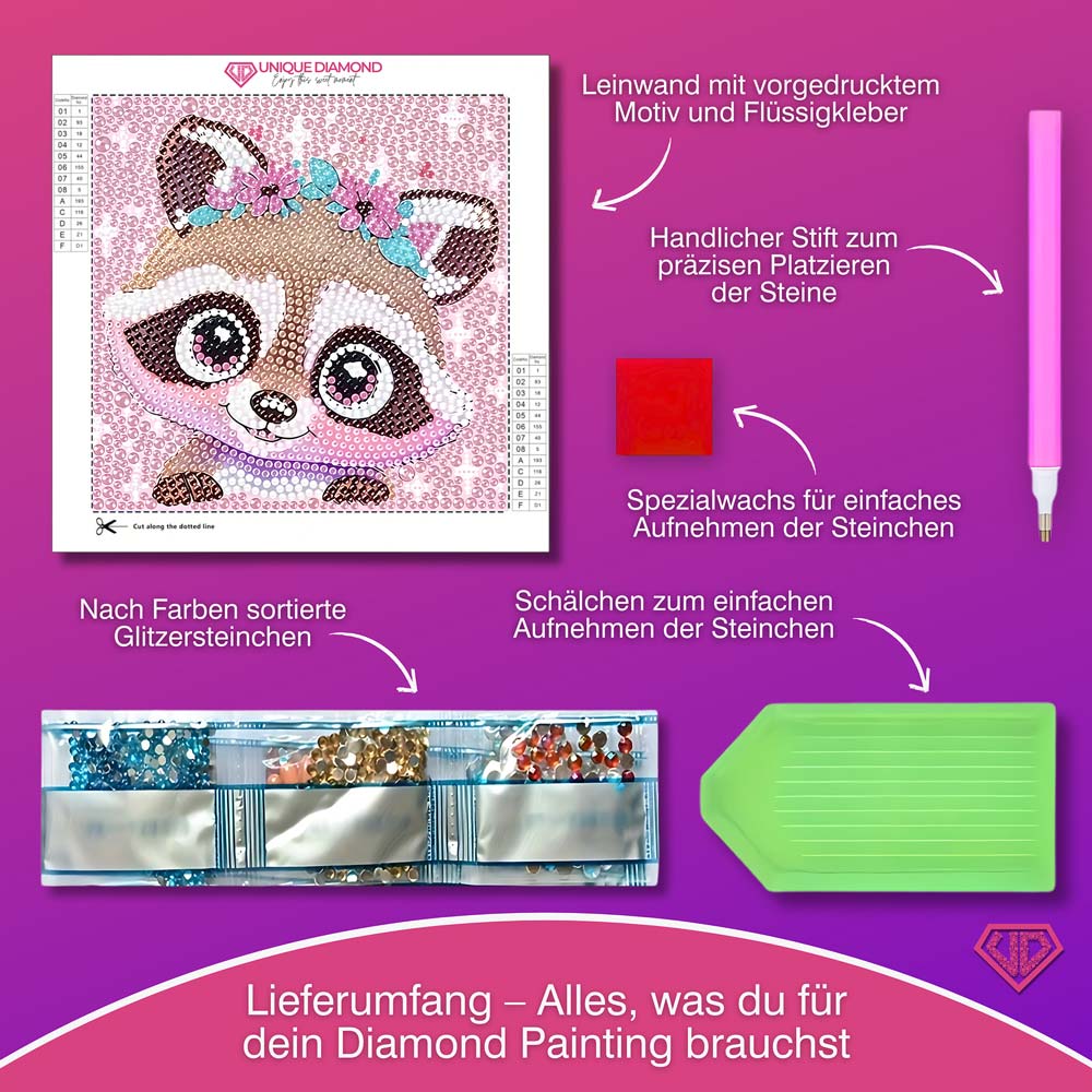 5D Diamond Painting Blütenwaschbär Momo mit Strasssteinchen, Unique-Diamond