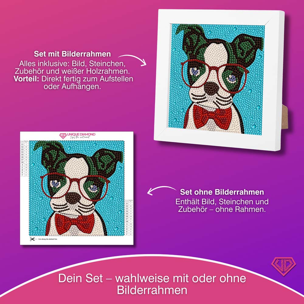 5D Diamond Painting Brillenhund Sir Henry mit Strasssteine, Unique-Diamond
