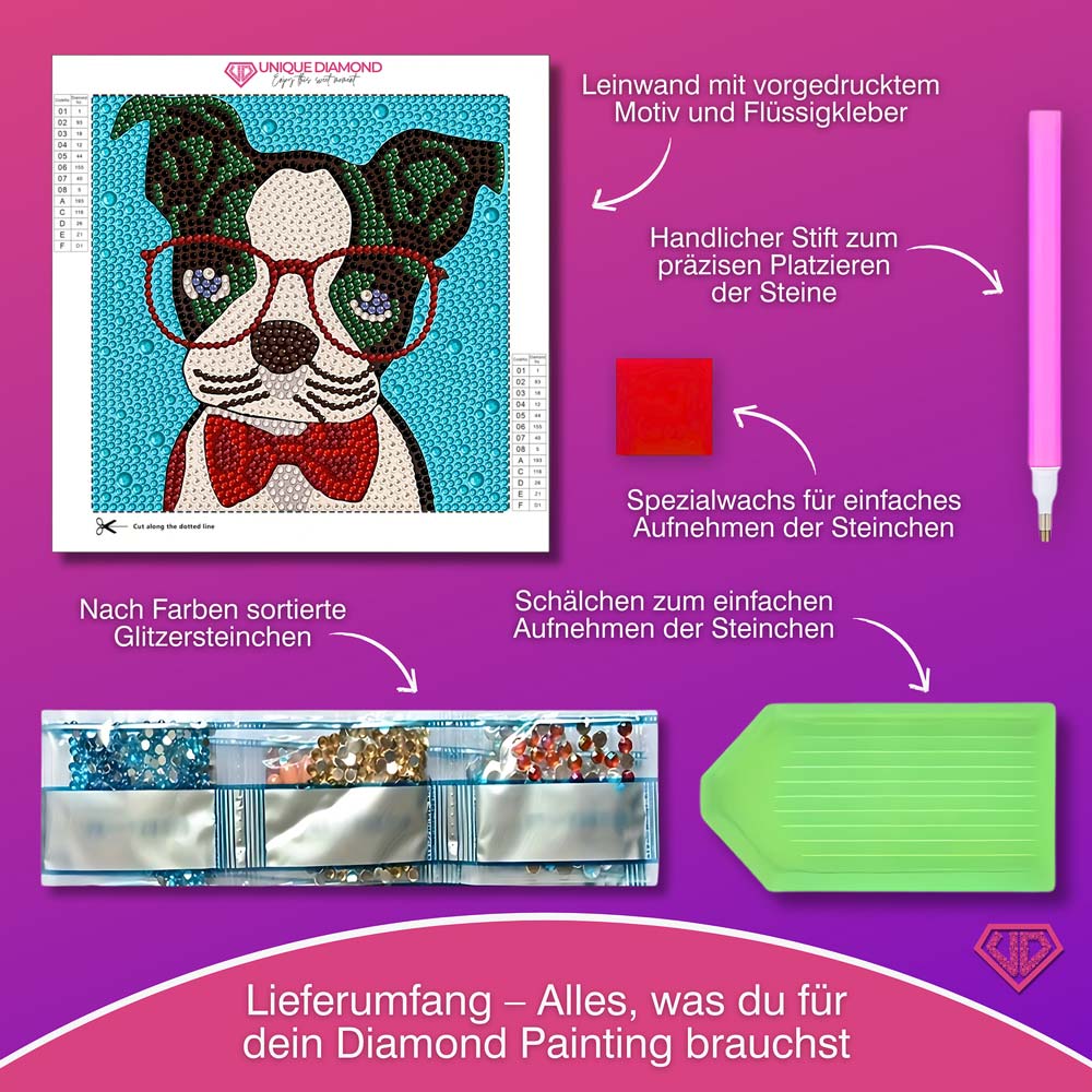 5D Diamond Painting Brillenhund Sir Henry mit Strasssteine, Unique-Diamond
