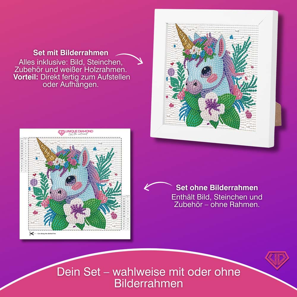 5D Diamond Painting Einhorn Elina im Blütenzauber mit Strasssteinchen, Unique-Diamond