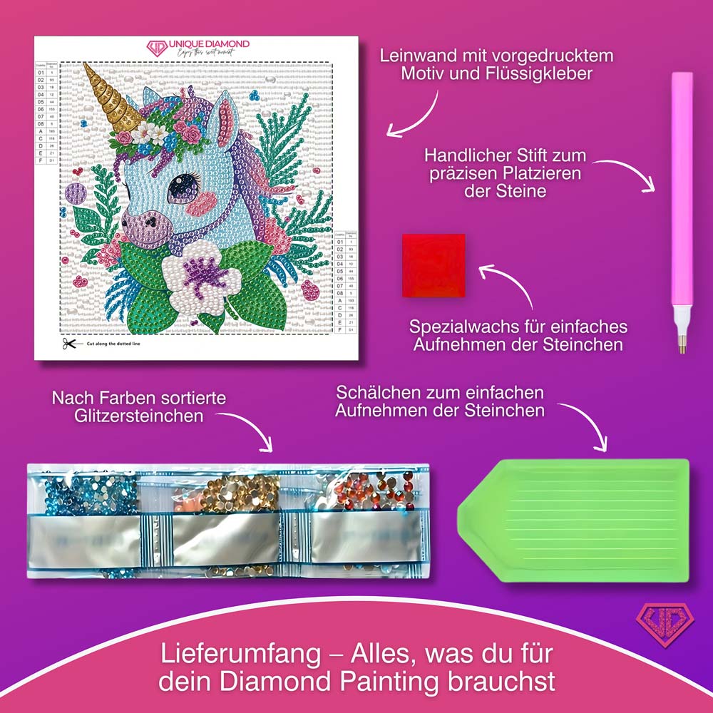 5D Diamond Painting Einhorn Elina im Blütenzauber mit Strasssteinchen, Unique-Diamond