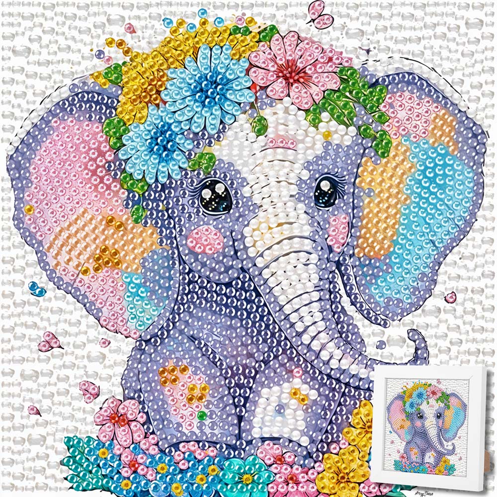 5D Diamond Painting Elefant Elli im Blumenmeer mit Strasssteinchen, Unique-Diamond
