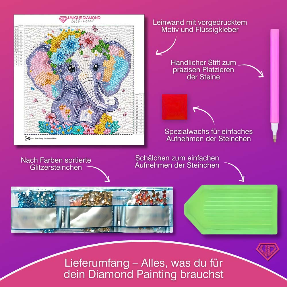 5D Diamond Painting Elefant Elli im Blumenmeer mit Strasssteinchen, Unique-Diamond