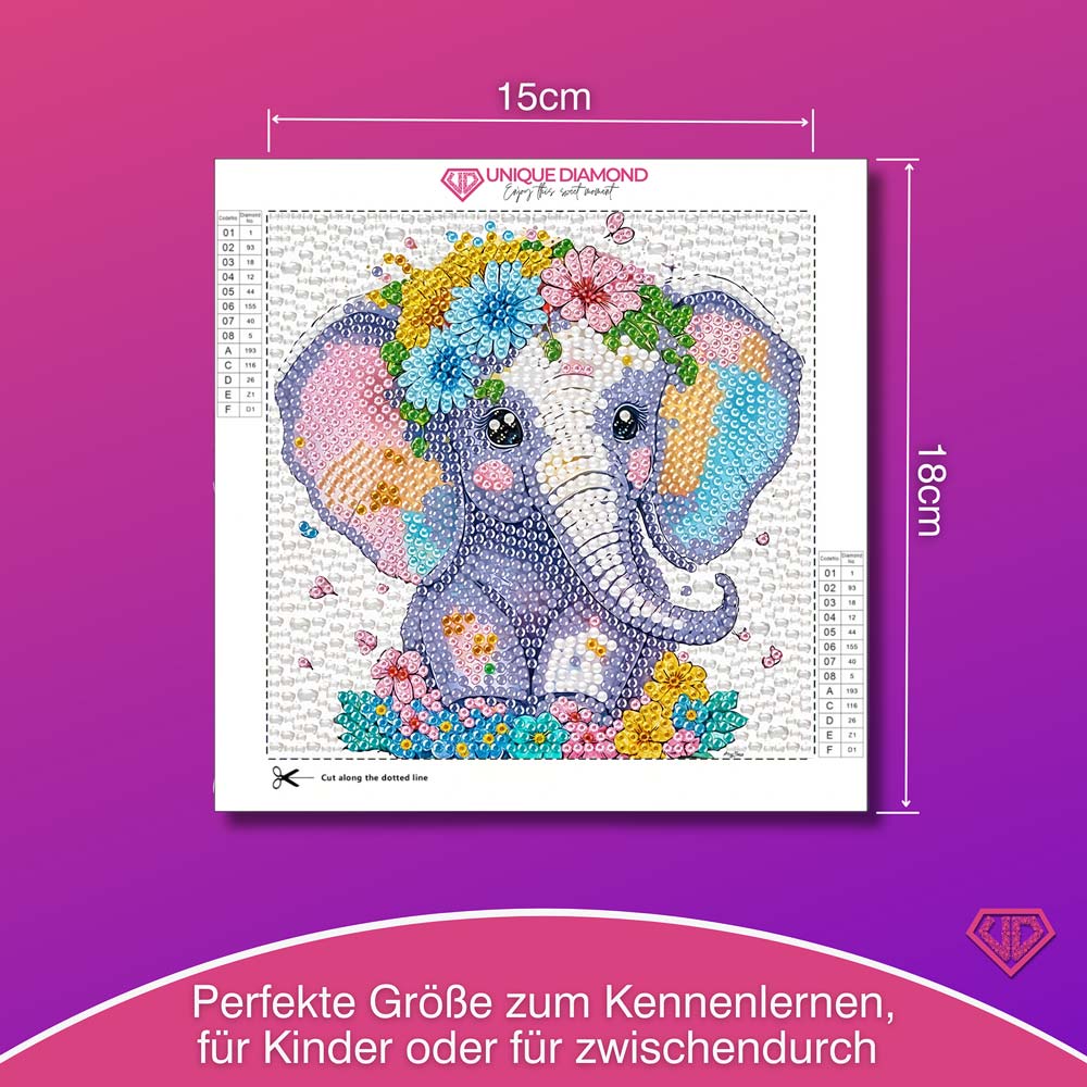 5D Diamond Painting Elefant Elli im Blumenmeer mit Strasssteinchen, Unique-Diamond