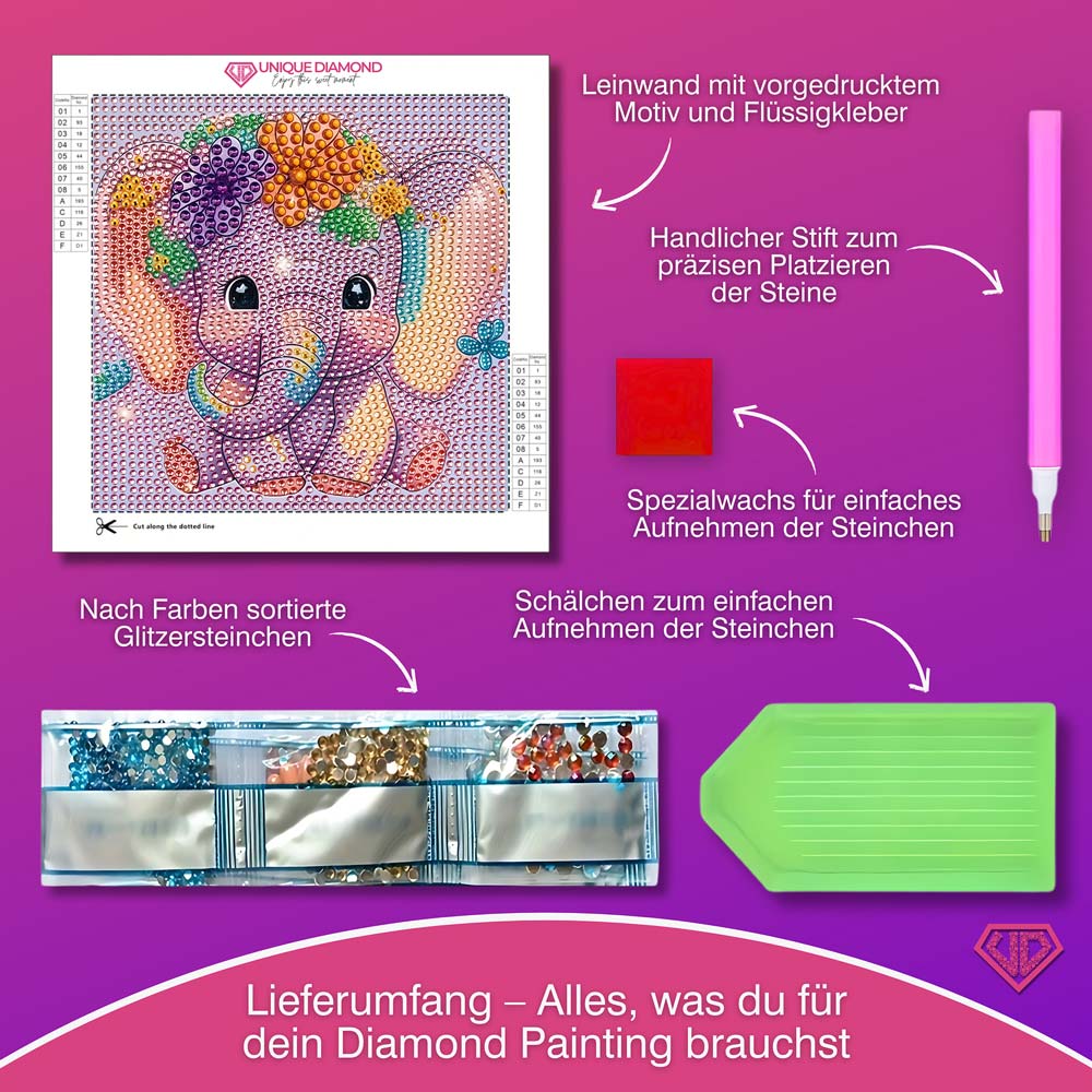 5D Diamond Painting Elefantenbaby Ella mit Strasssteinchen, Unique-Diamond
