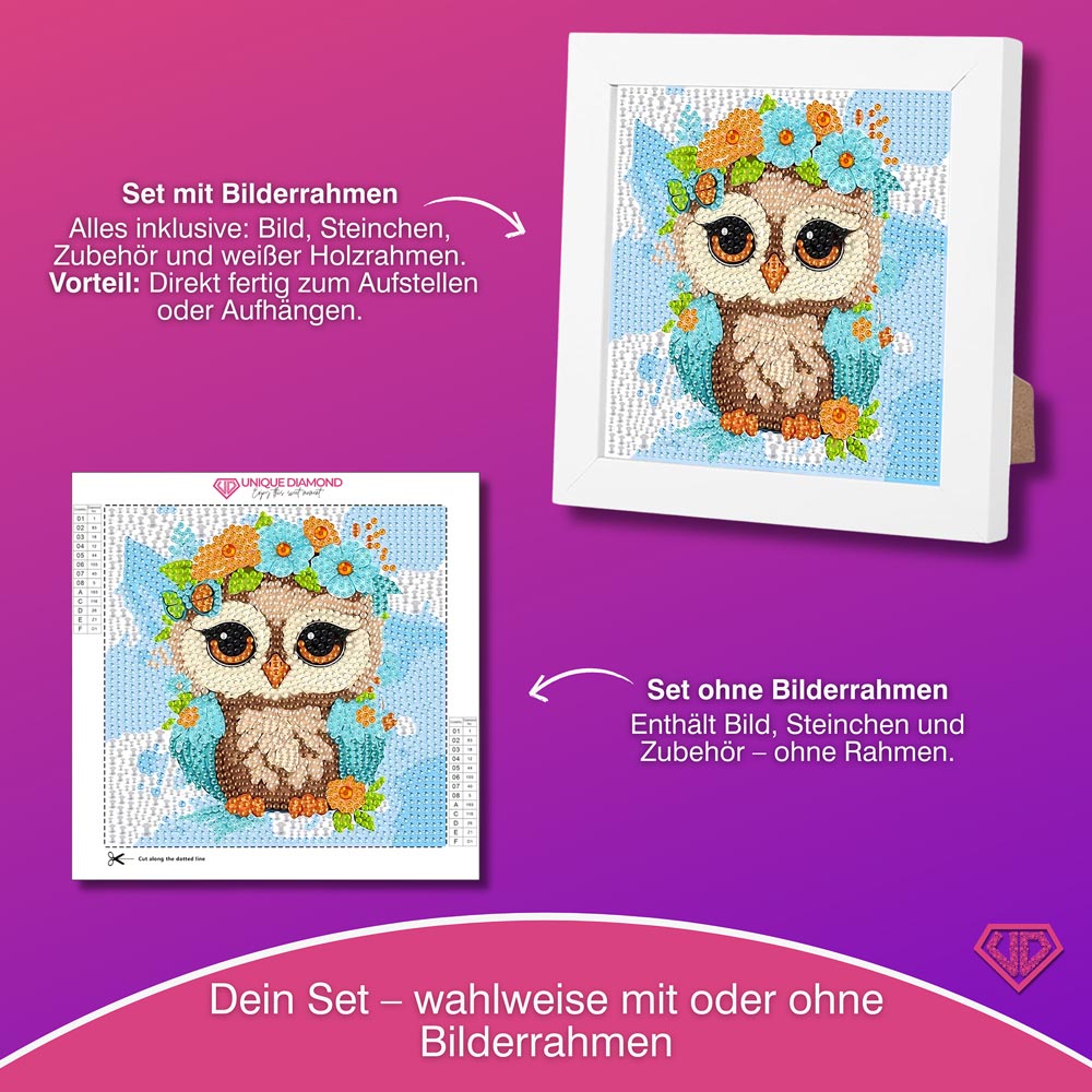 5D Diamond Painting Eulchen Livia im Blütenzauber mit Strasssteinchen, Unique-Diamond