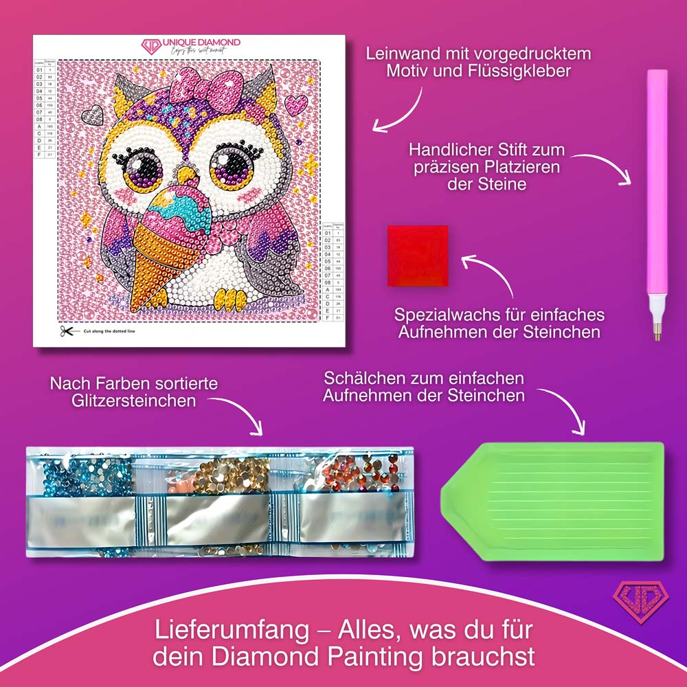 5D Diamond Painting Eule und Eis mit Strasssteinchen, Unique-Diamond