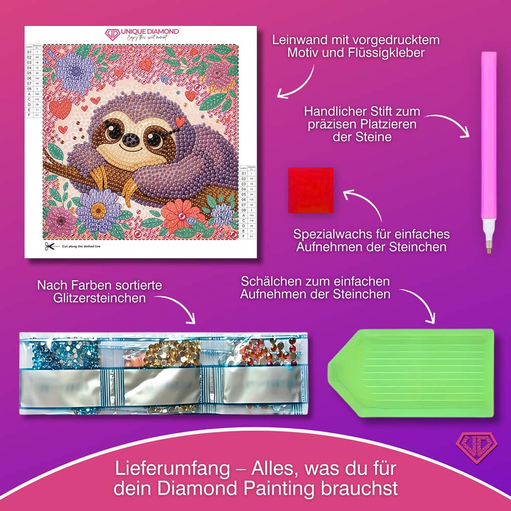 5D Diamond Painting Faultier Flora im Blütenzauber mit Strasssteinchen, Unique-Diamond