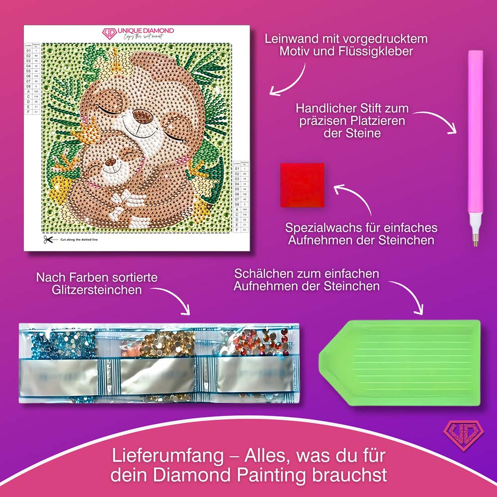 5D Diamond Painting Faultierliebe Mila & Momo mit Strasssteinchen, Unique-Diamond