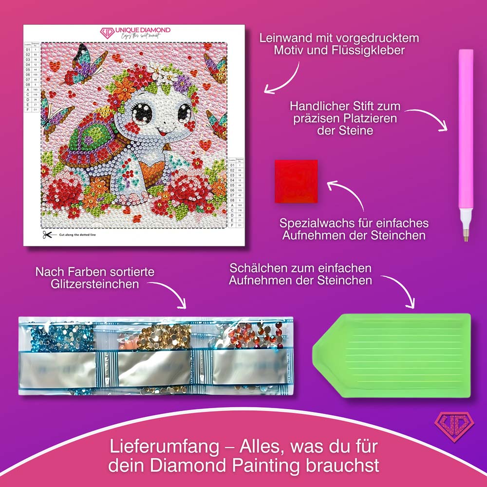 5D Diamond Painting Fröhliche Schildkröte Lilia mit Strasssteinchen, Unique-Diamond
