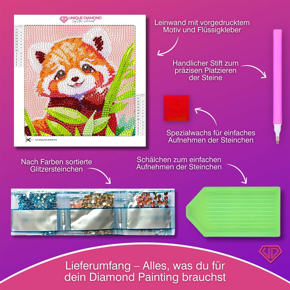 5D Diamond Painting Fröhlicher Panda Leo im Bambuswald mit Strasssteinchen, Unique-Diamond