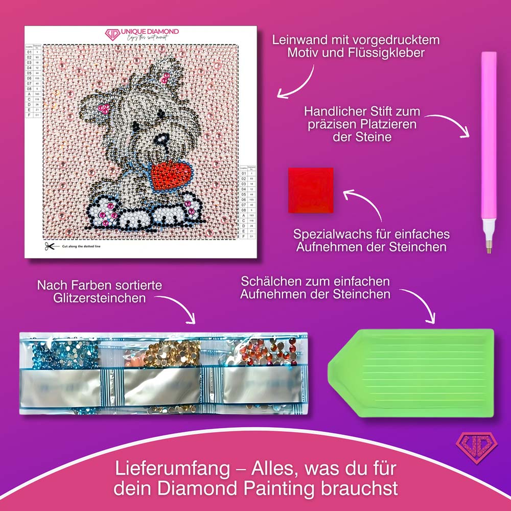 5D Diamond Painting Herz-Hündchen Benny Strasssteine, Unique-Diamond