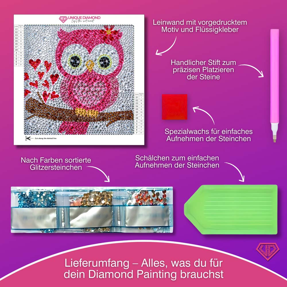 5D Diamond Painting Herzenseule Liora mit Strasssteinchen, Unique-Diamond