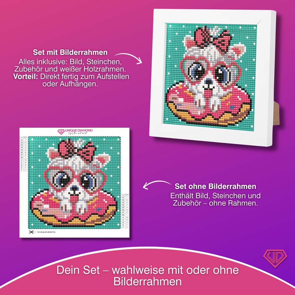 5D Diamond Painting Mini-Bild – Pudelmädchen Bella im Donut-Look, Unique-Diamond