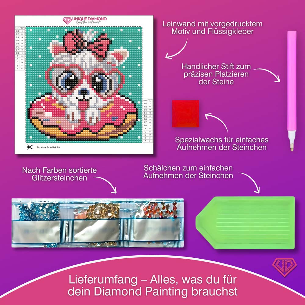 5D Diamond Painting Mini-Bild – Pudelmädchen Bella im Donut-Look, Unique-Diamond