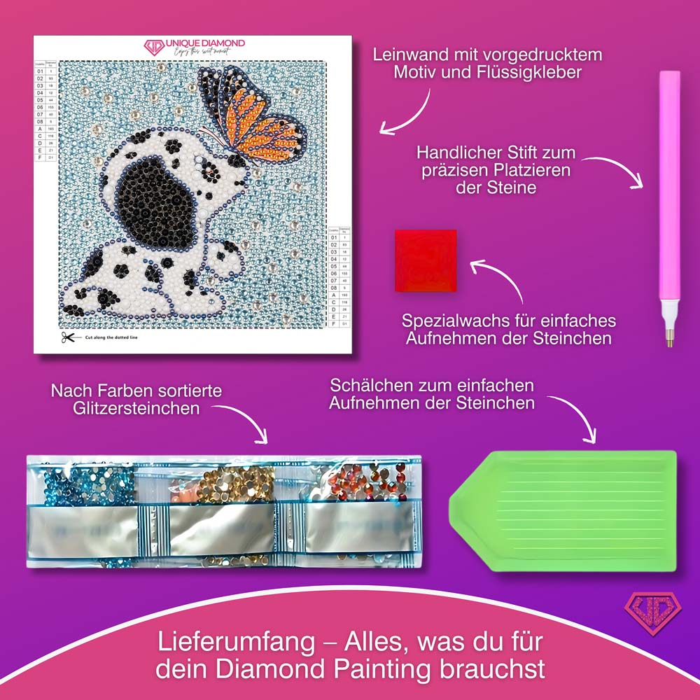 5D Diamond Painting Hund mit Schmetterling Strasssteine