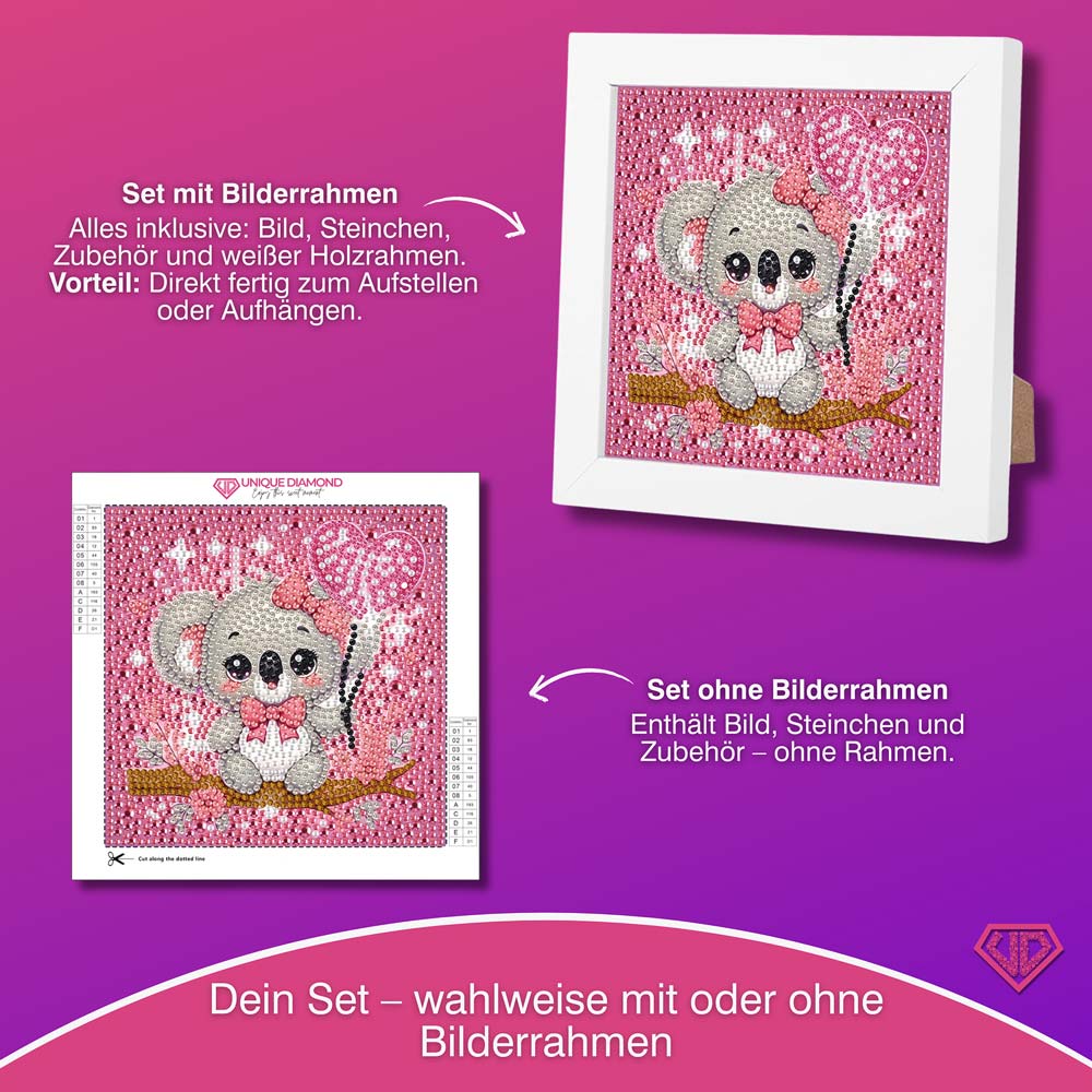 5D Diamond Painting Koala-Mädchen Lani mit Herzballon mit Strasssteinchen, Unique-Diamond