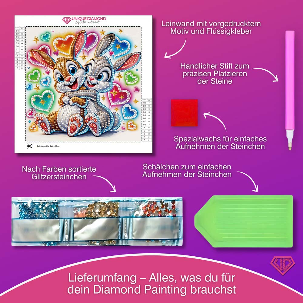 5D Diamond Painting Kuschelnde Häschen Finja & Flocke mit Strasssteinchen, Unique-Diamond