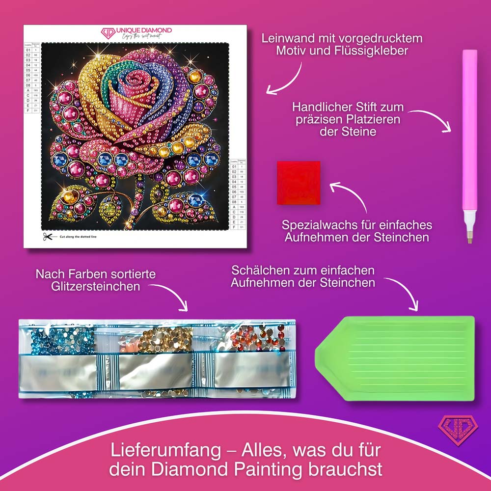 5D Diamond Painting Magische Regenbogenrose mit Strasssteinchen, Unique-Diamond