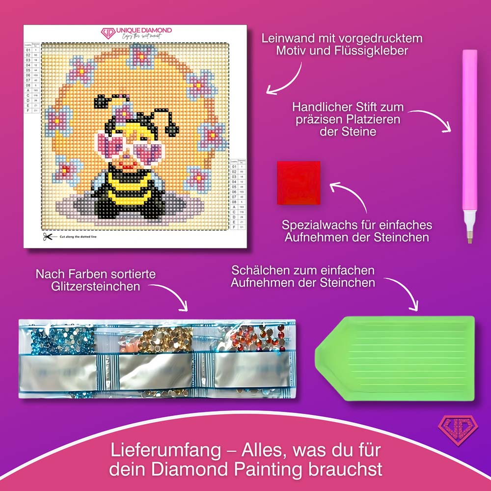 5D Diamond Painting Mini-Bild – Biene Betty mit Herzbrille, Unique-Diamond