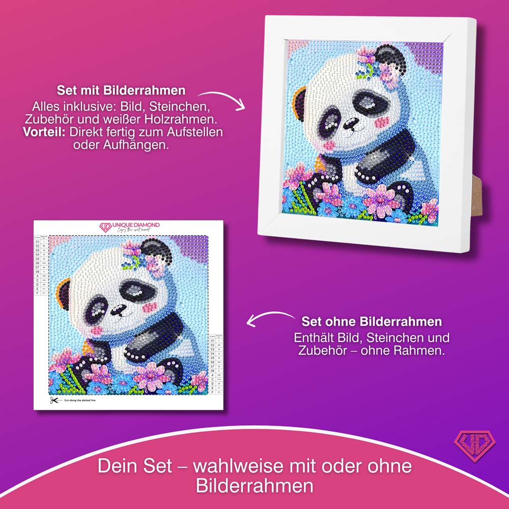 5D Diamond Painting Mini-Bild – Panda Lian im Blütenzauber, Unique-Diamond