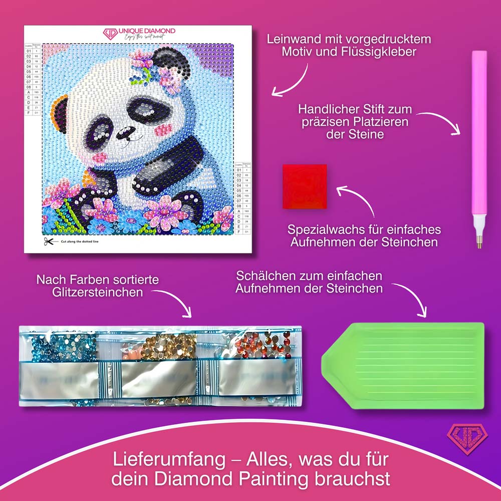 5D Diamond Painting Mini-Bild – Panda Lian im Blütenzauber, Unique-Diamond