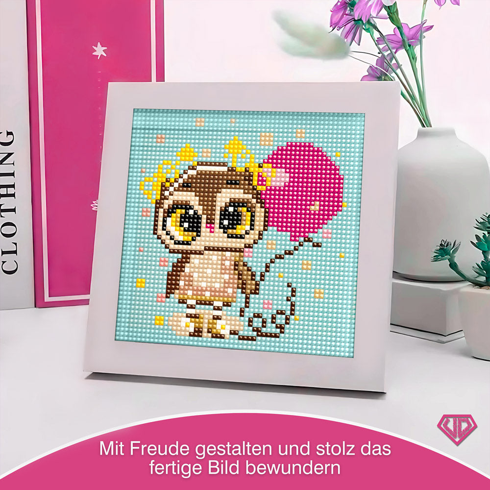 5D Diamond Painting Mini-Bild – Party-Eule Elina mit Herzballon, Unique-Diamond