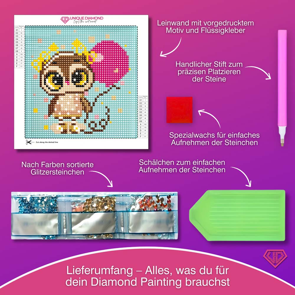 5D Diamond Painting Mini-Bild – Party-Eule Elina mit Herzballon, Unique-Diamond