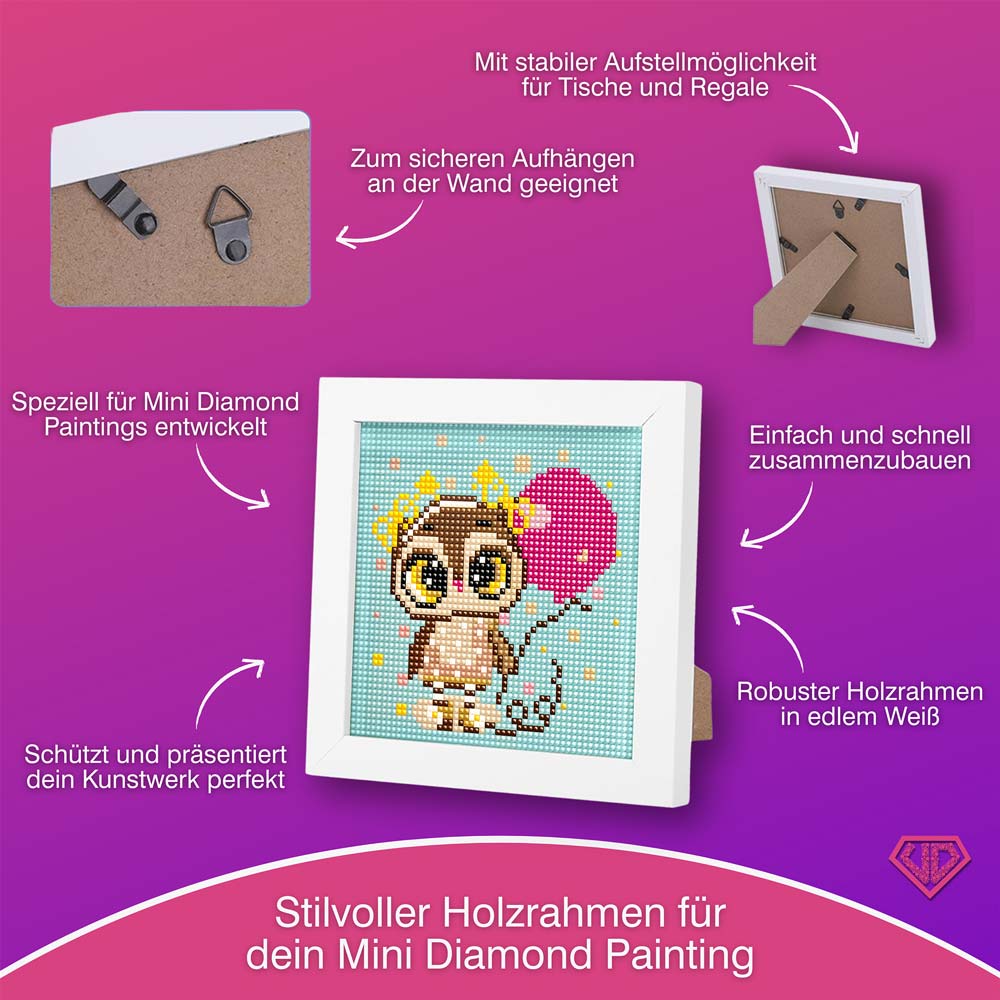 5D Diamond Painting Mini-Bild – Party-Eule Elina mit Herzballon, Unique-Diamond