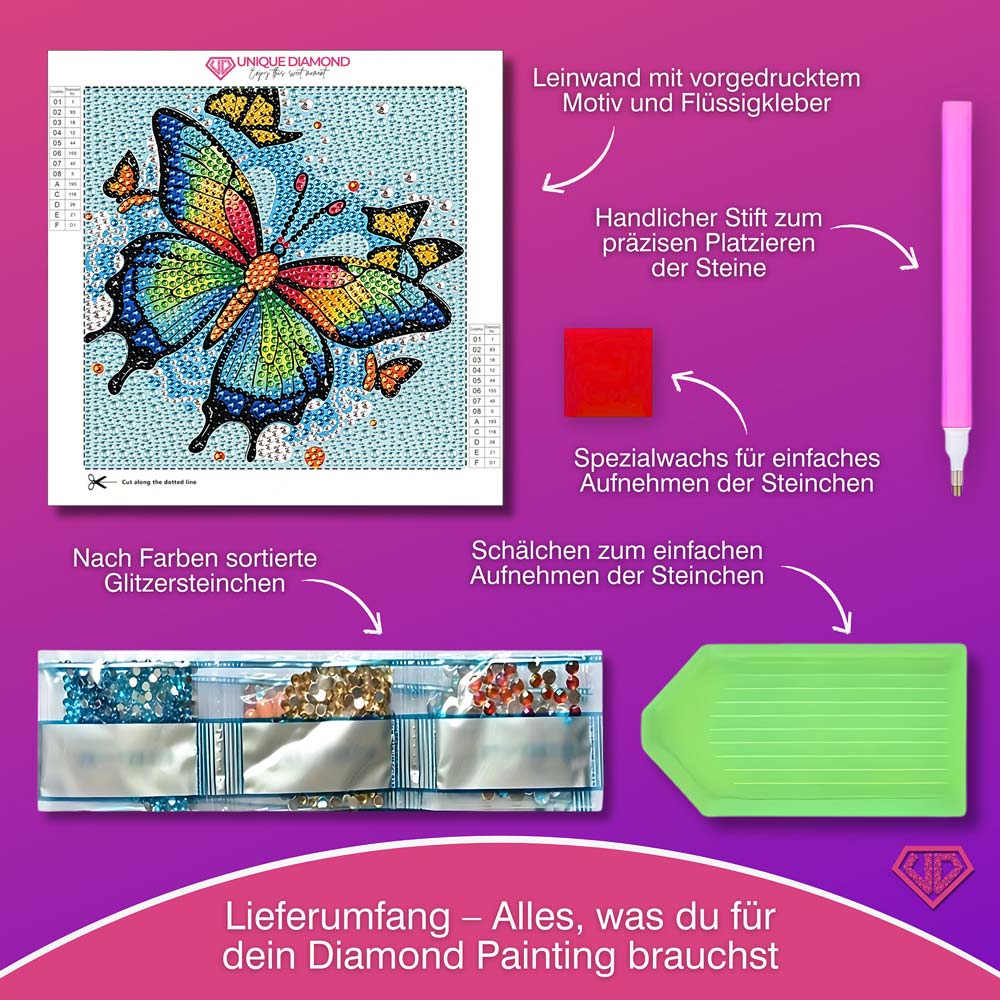 5D Diamond Painting Regenbogenschmetterling Aria mit Strasssteine, Unique-Diamond