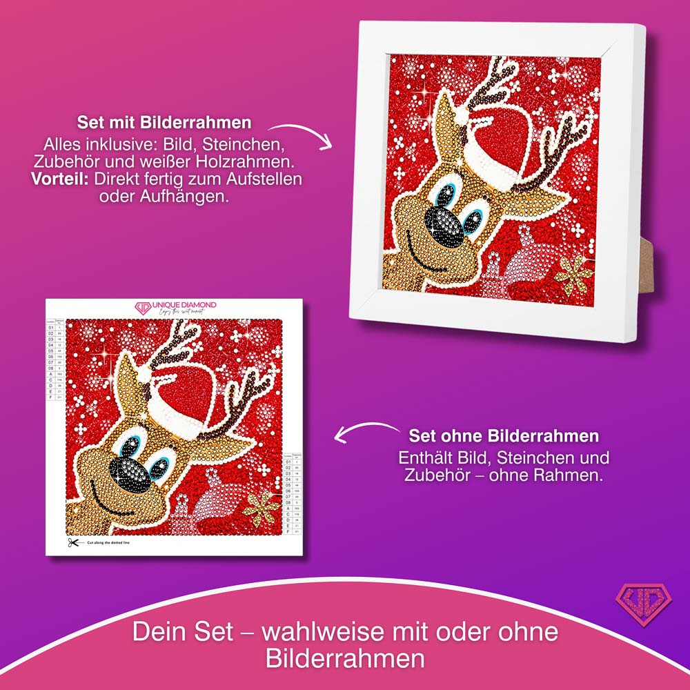 5D Diamond Painting Rentier Rudi mit Strasssteinchen, Unique-Diamond