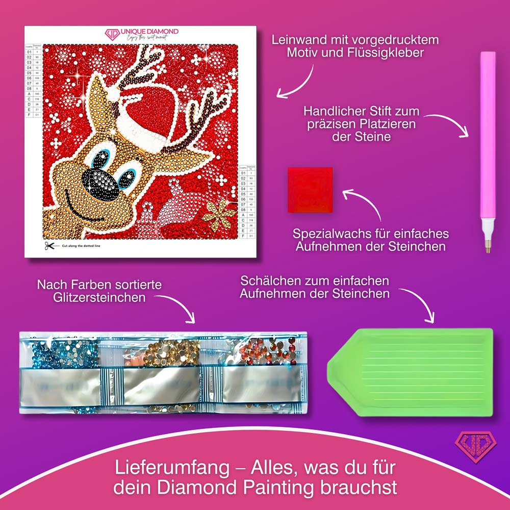 5D Diamond Painting Rentier Rudi mit Strasssteinchen, Unique-Diamond