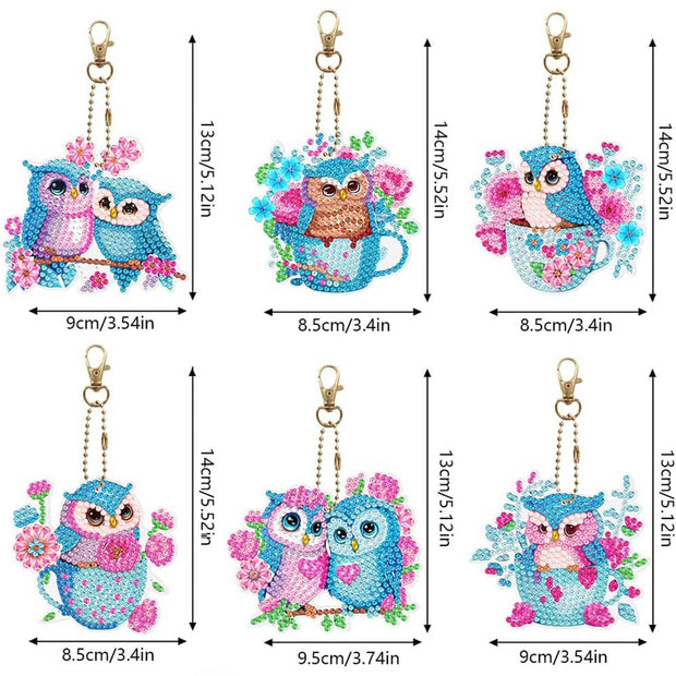 5D Diamond Painting Schlüsselanhänger Blaue Eulen 6 Stück, Unique-Diamond