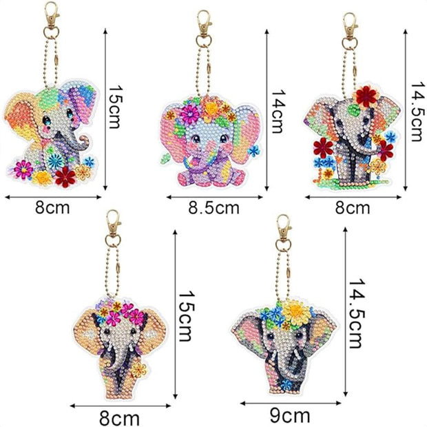 5D Diamond Painting Schlüsselanhänger Elefanten 5 Stück, Unique-Diamond