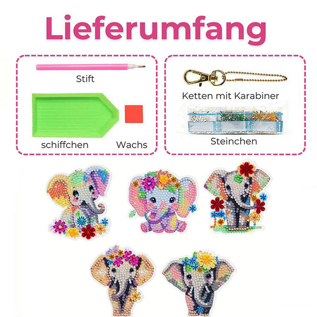 5D Diamond Painting Schlüsselanhänger Elefanten 5 Stück, Unique-Diamond