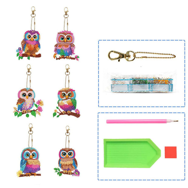 5D Diamond Painting Schlüsselanhänger Eulen 6 Stück, Unique-Diamond