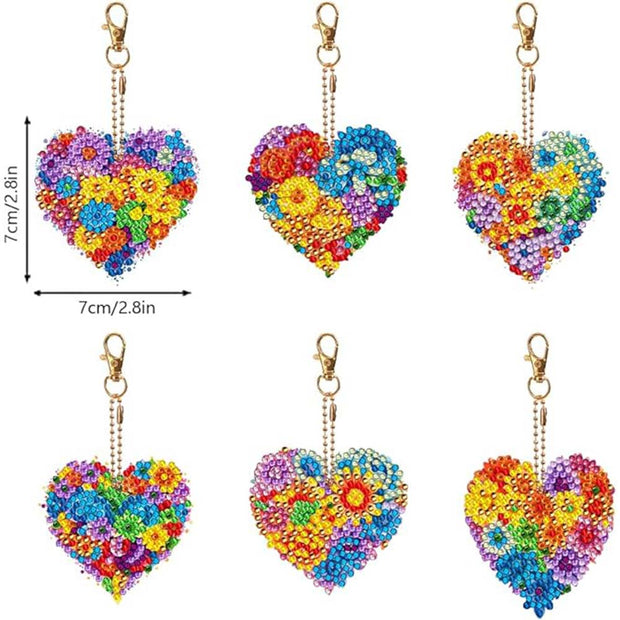 5D Diamond Painting Schlüsselanhänger Herzblumen 6 Stück, Unique-Diamond