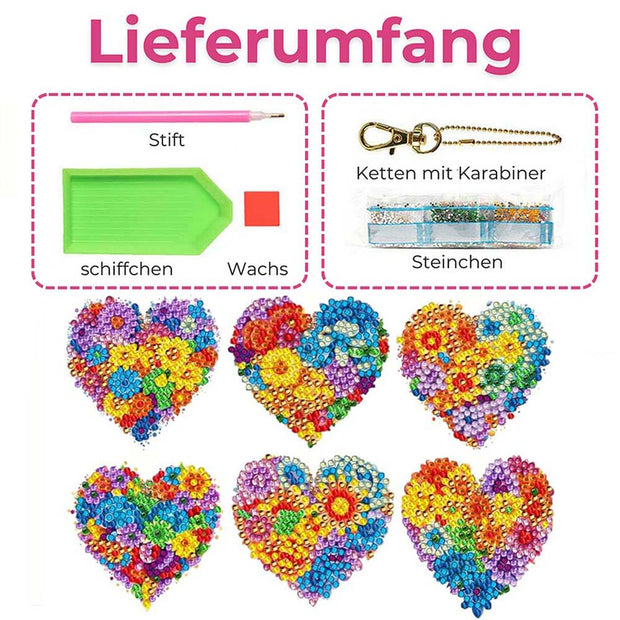 5D Diamond Painting Schlüsselanhänger Herzblumen 6 Stück, Unique-Diamond