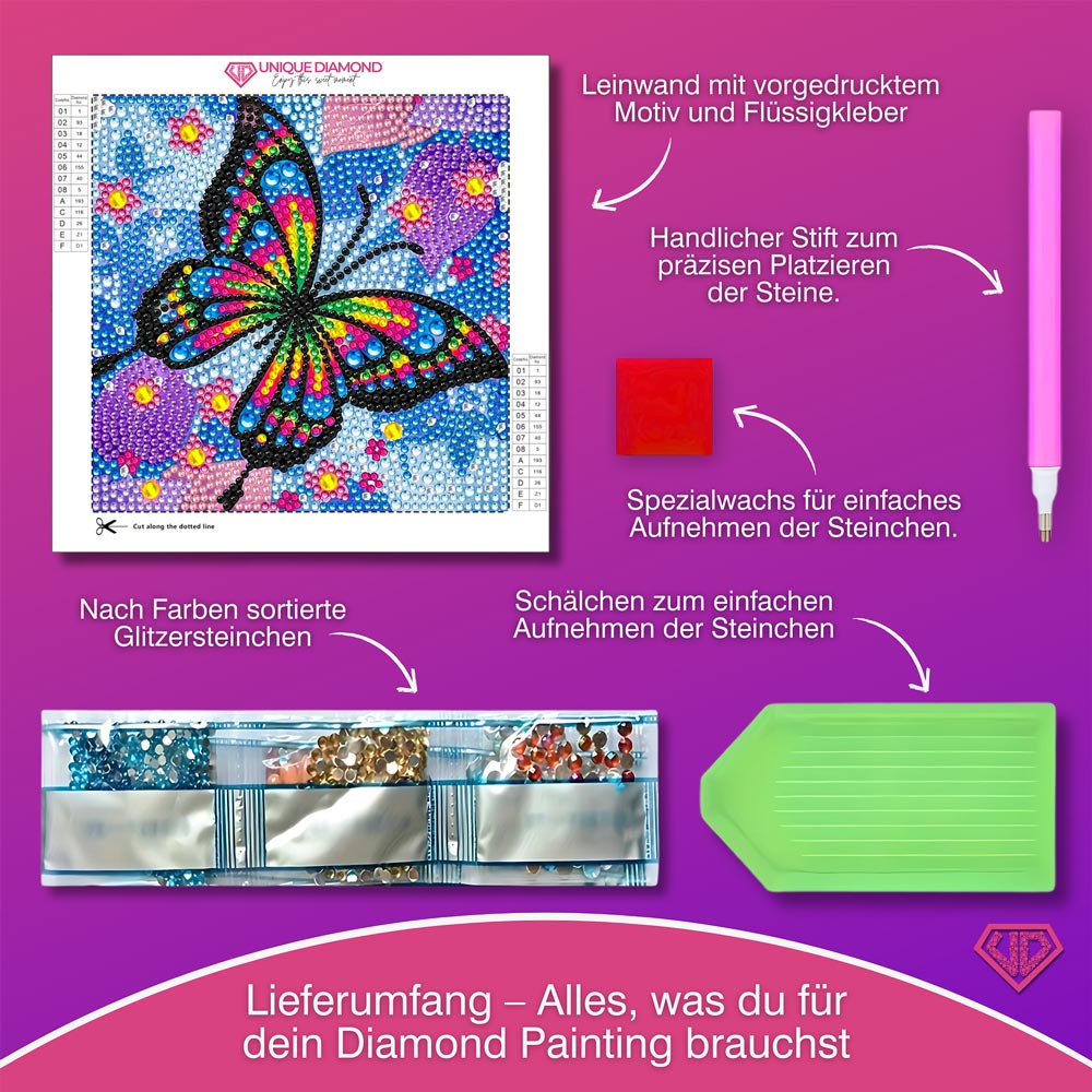 5D Diamond Painting Schmetterling mit Strasssteine, Unique-Diamond
