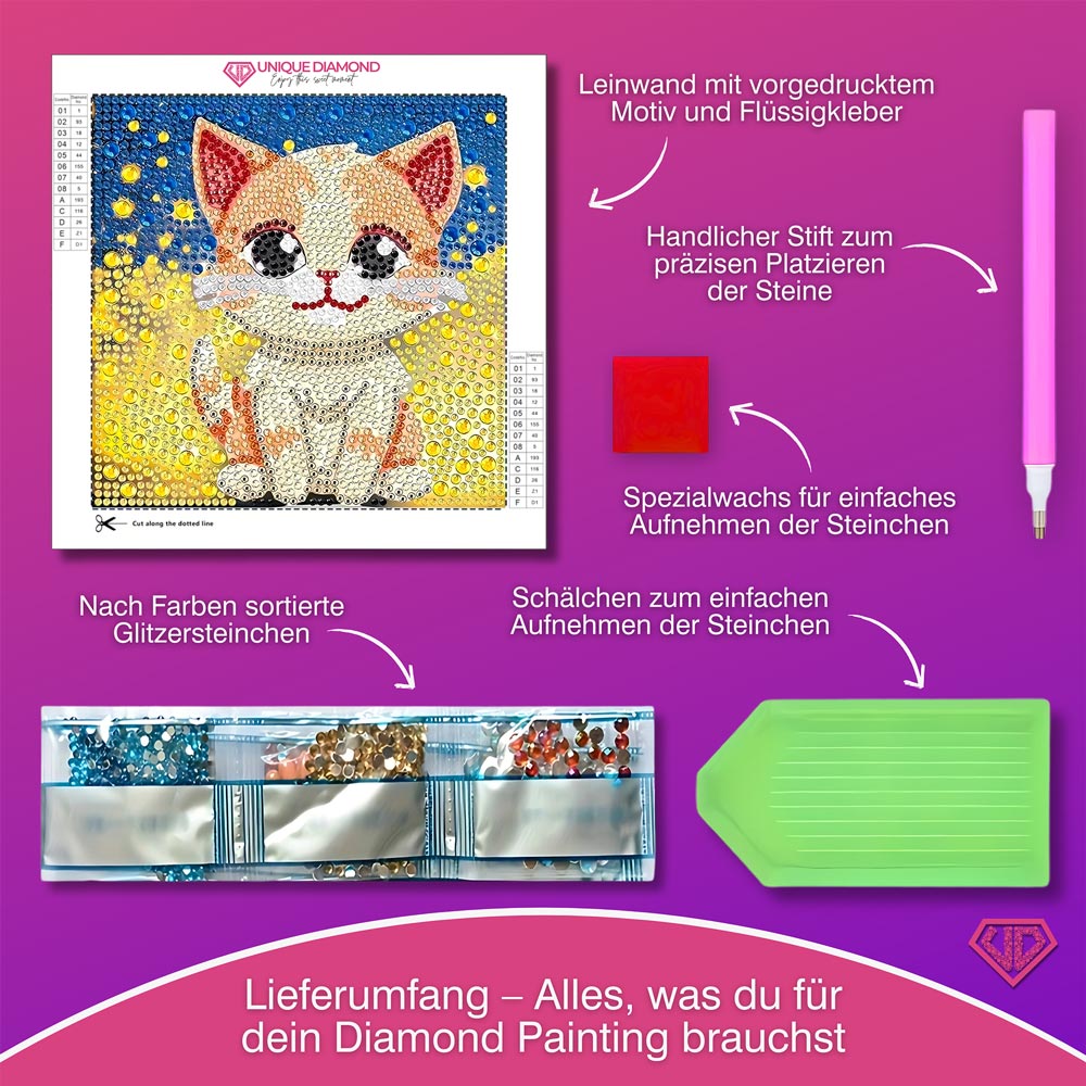 5D Diamond Painting Sternenglanz-Kätzchen mit Strasssteine, Unique-Diamond