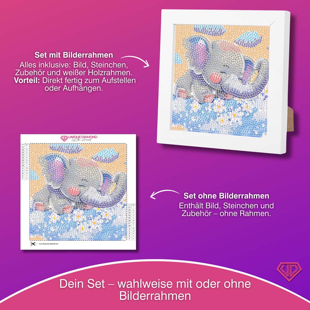 5D Diamond Painting Träumender Elefant Emil auf Blumenwolken mit Strasssteinchen, Unique-Diamond