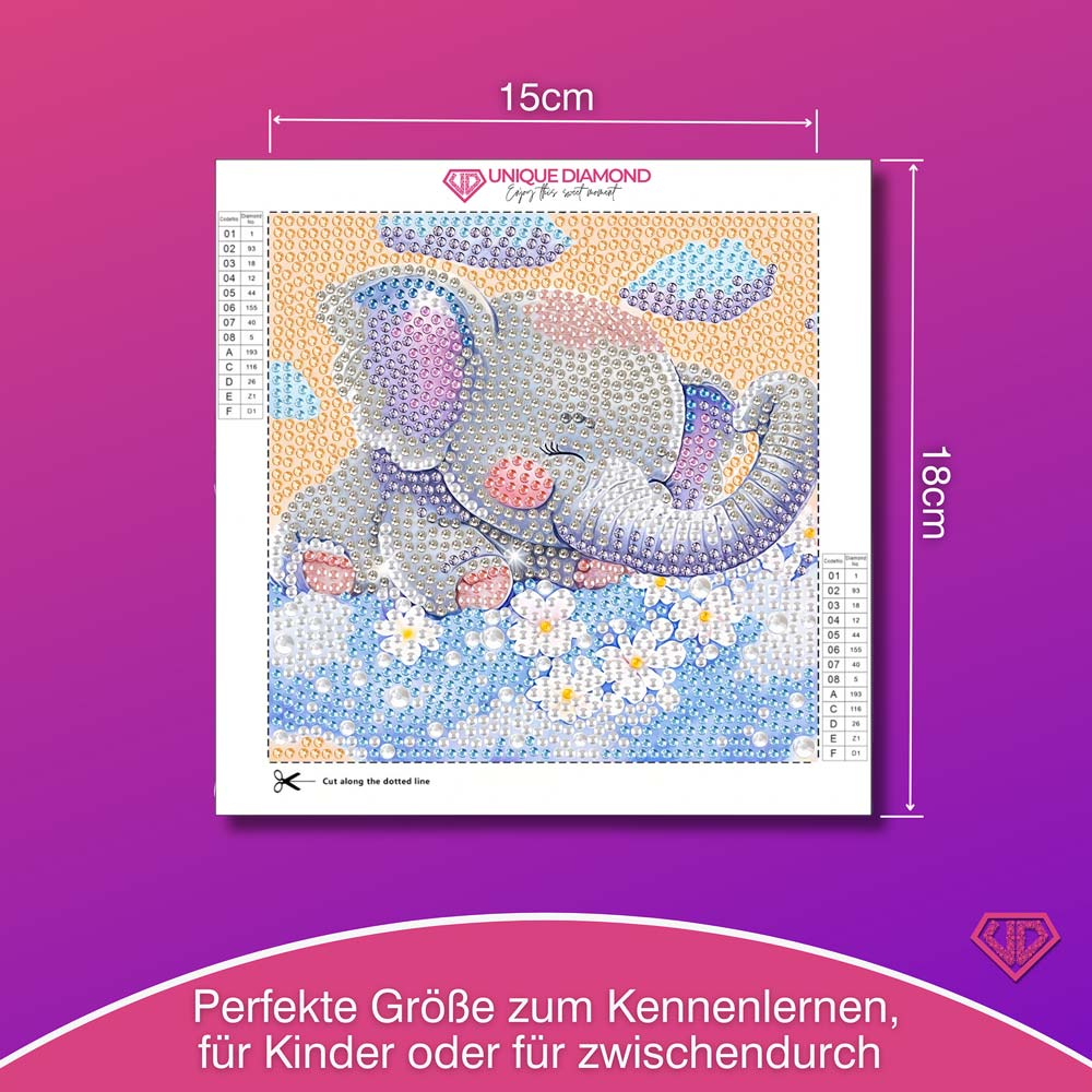 5D Diamond Painting Träumender Elefant Emil auf Blumenwolken mit Strasssteinchen, Unique-Diamond