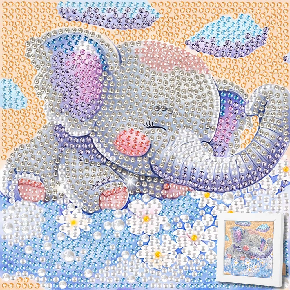 5D Diamond Painting Träumender Elefant Emil auf Blumenwolken mit Strasssteinchen, Unique-Diamond