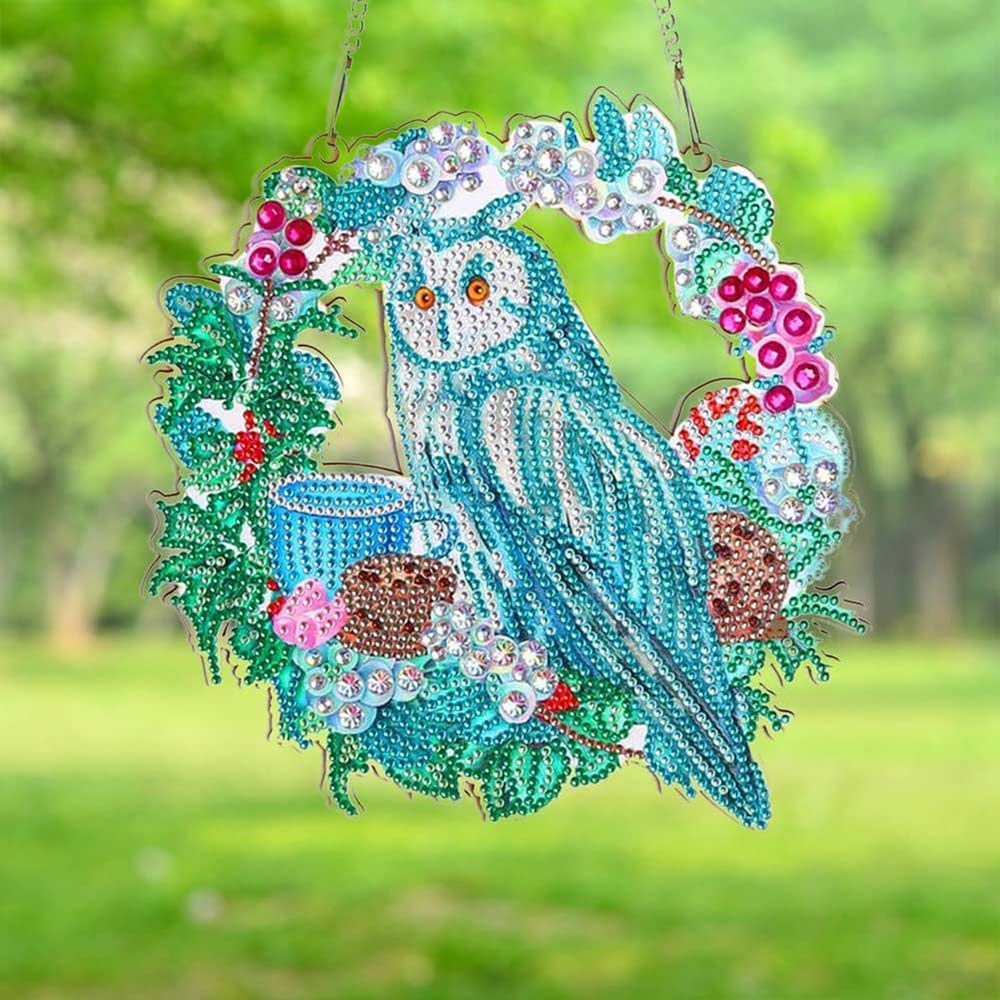 5D Diamond Painting Türanhänger Eule mit Blumen, Unique-Diamond